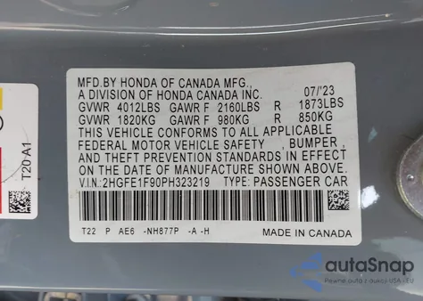 2023 Honda Civic Touring from USA, damaged, VIN 2HGFE1F90PH323219